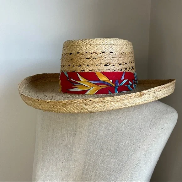Raffia Straw Woven Tan Sun Hat with Tropical Band - Picture 12 of 13